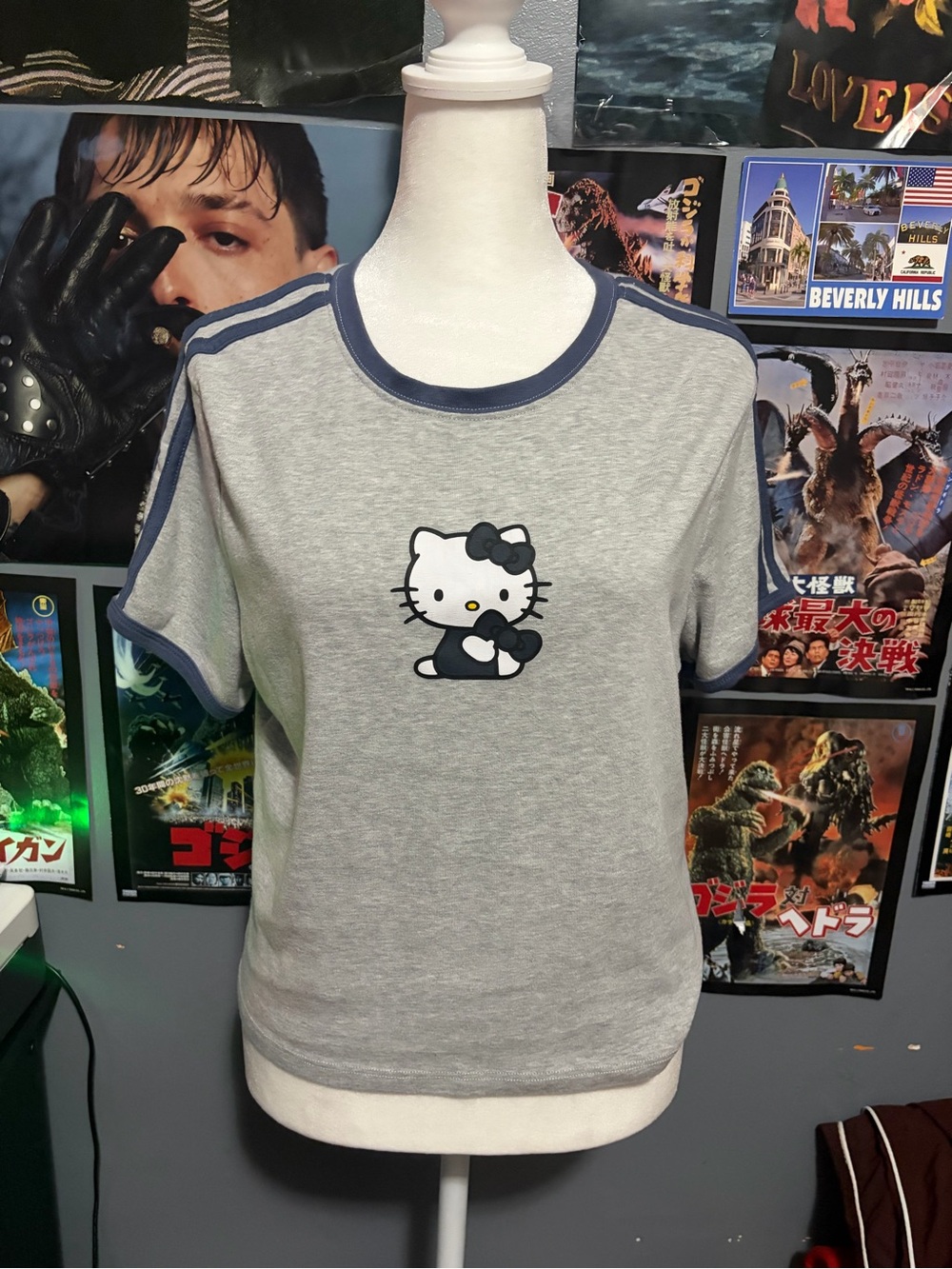 Hello Kitty Gray Tee with Navy Trim